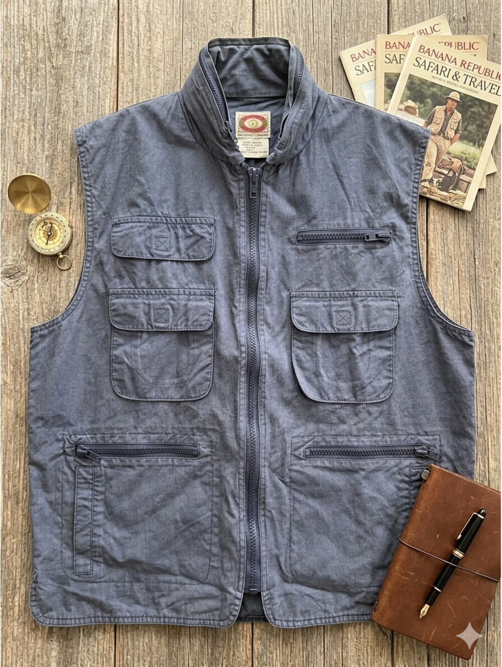 Vintage 80s Banana Republic Safari Bush Vest Hidden Hood Mill Valley Tag L Blue